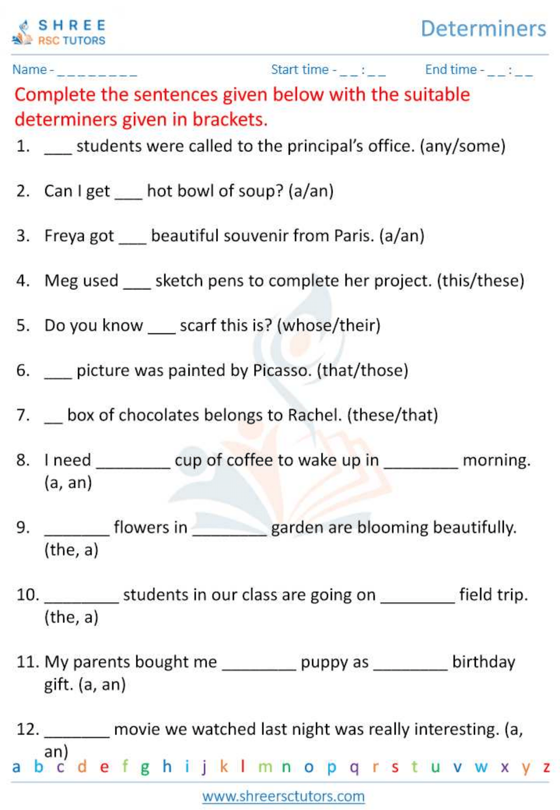 Grade 6 English Determiners worksheet